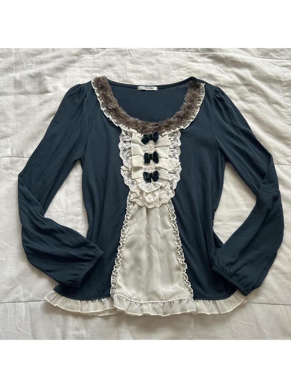 Axes Femme Dark Teal Cream Lace Blouse Velvet Bows Faux Fur Medium Japan